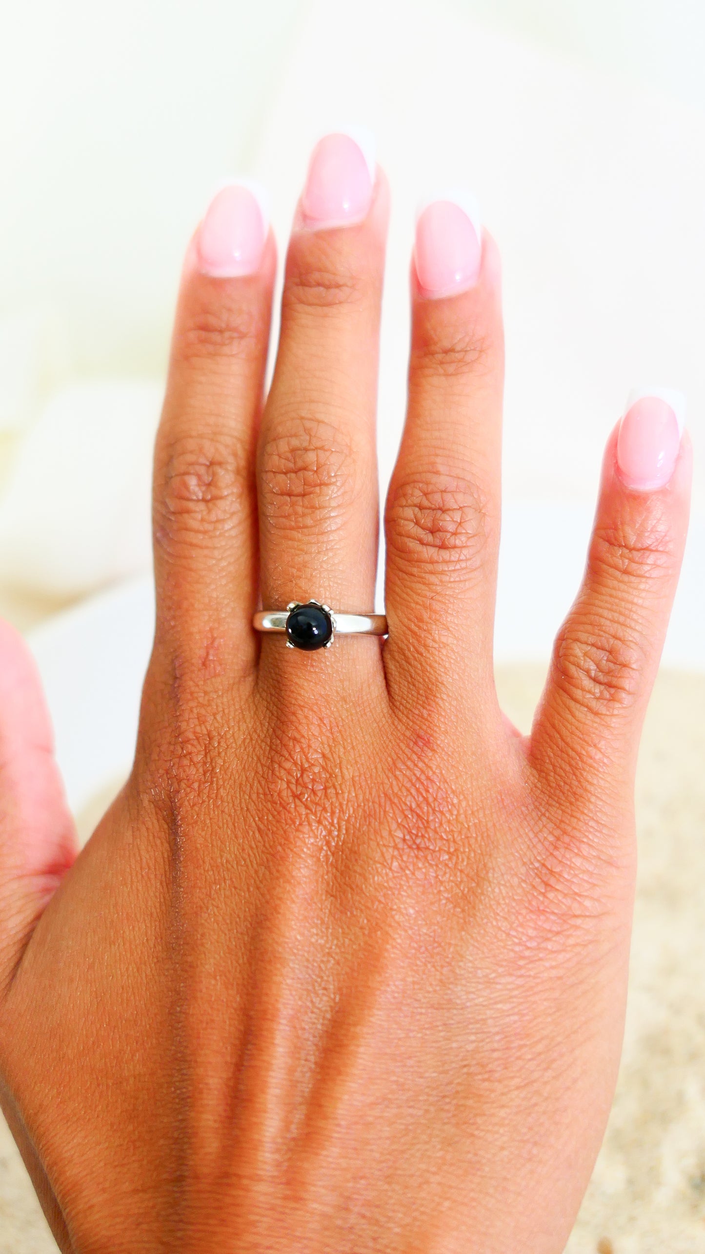 Asima - Black Onyx Ring Set in a Solid Easy Care Argentium® Silver Flower Setting