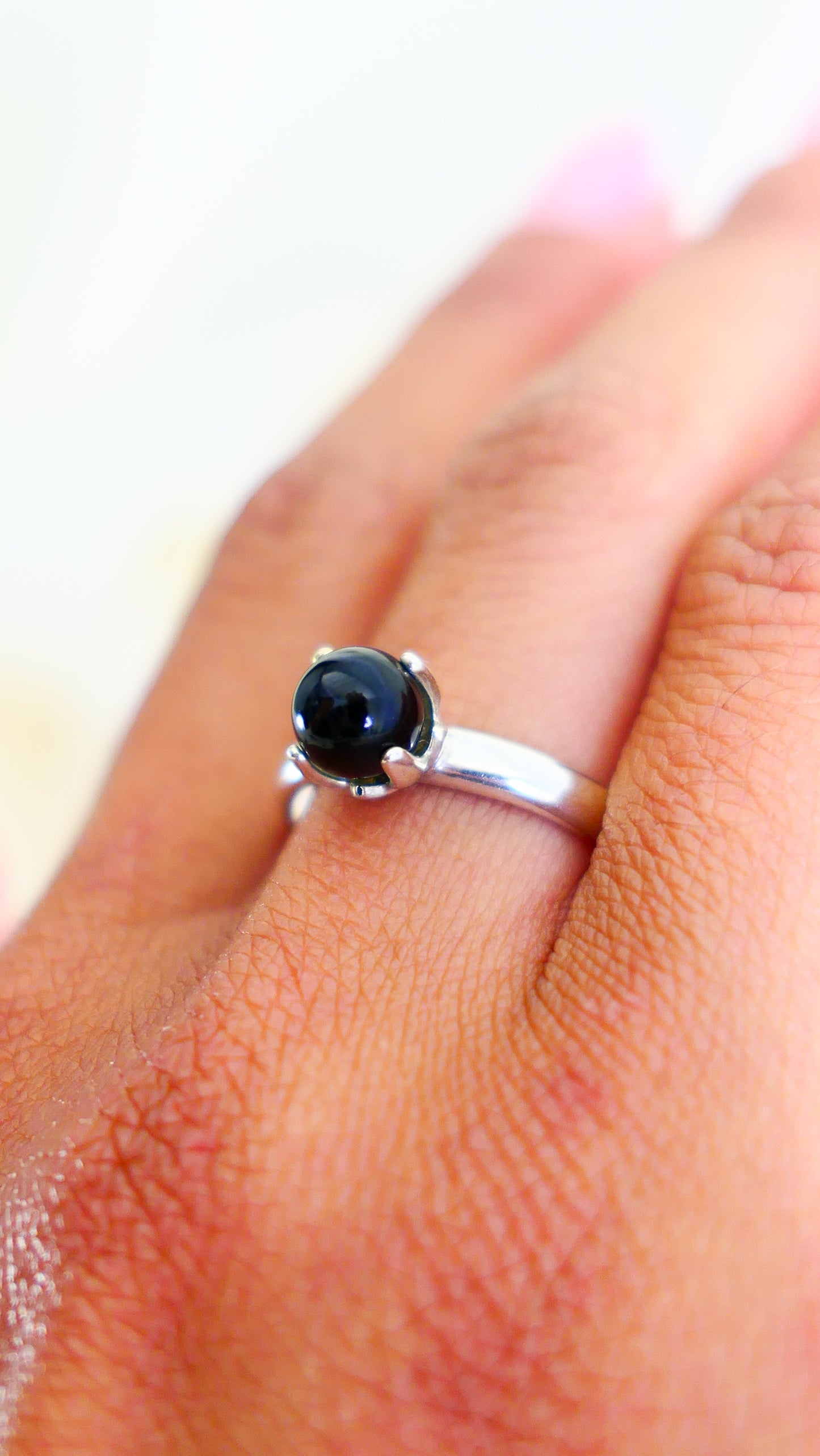 Asima - Black Onyx Ring Set in a Solid Easy Care Argentium® Silver Flower Setting