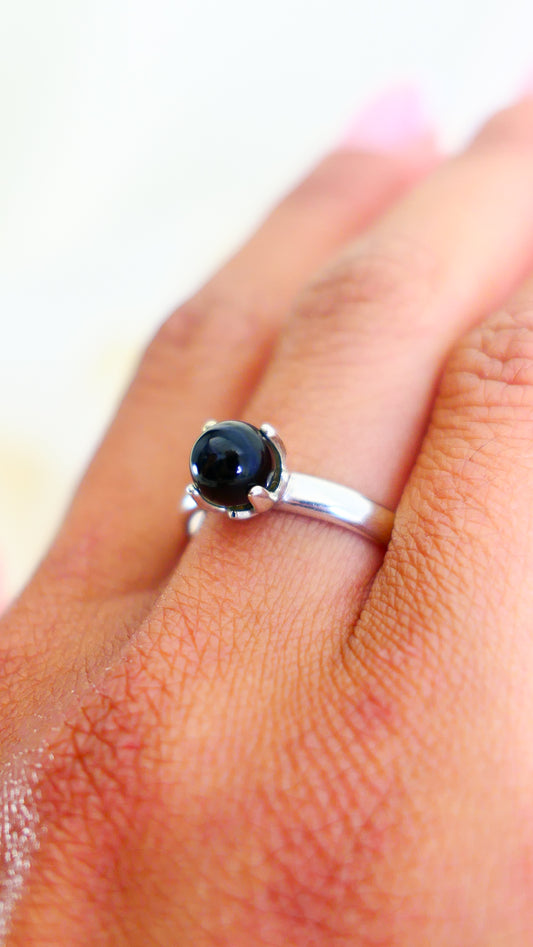 Asima - Black Onyx Ring Set in a Solid Easy Care Argentium® Silver Flower Setting