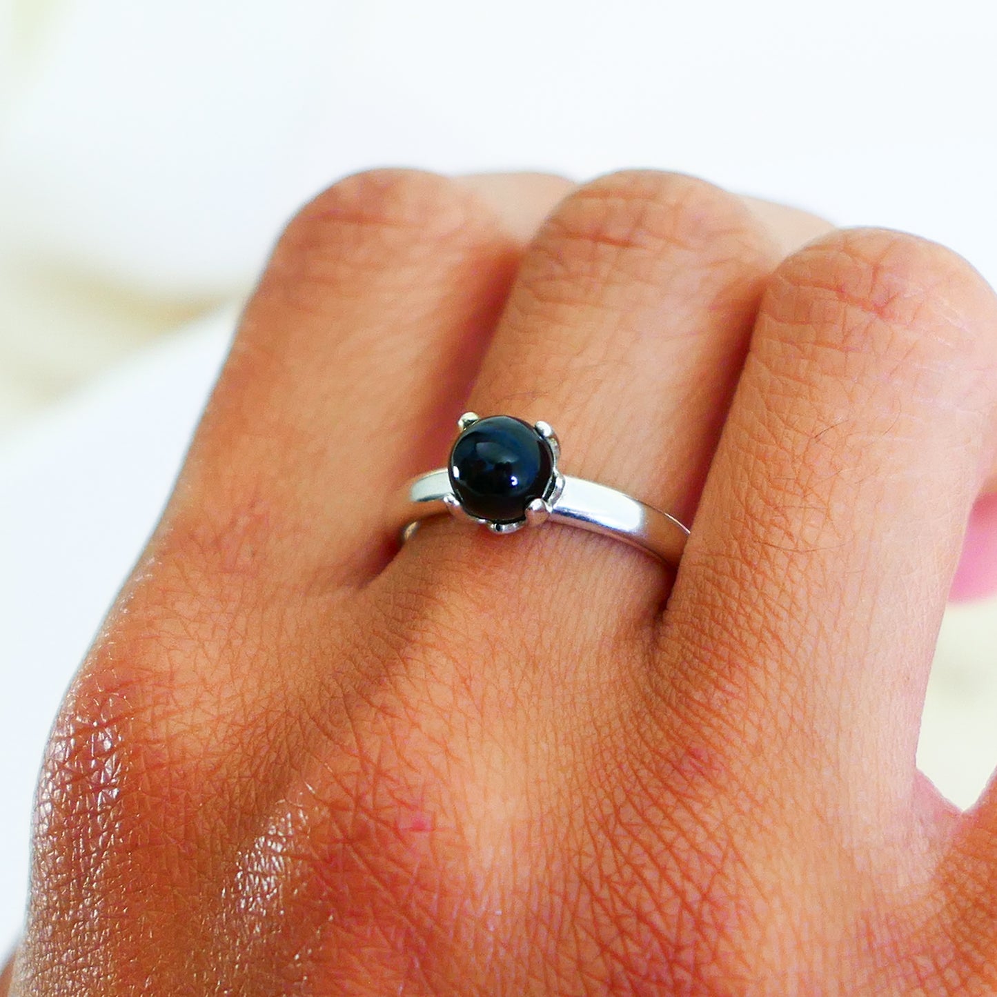 Asima - Black Onyx Ring Set in a Solid Easy Care Argentium® Silver Flower Setting
