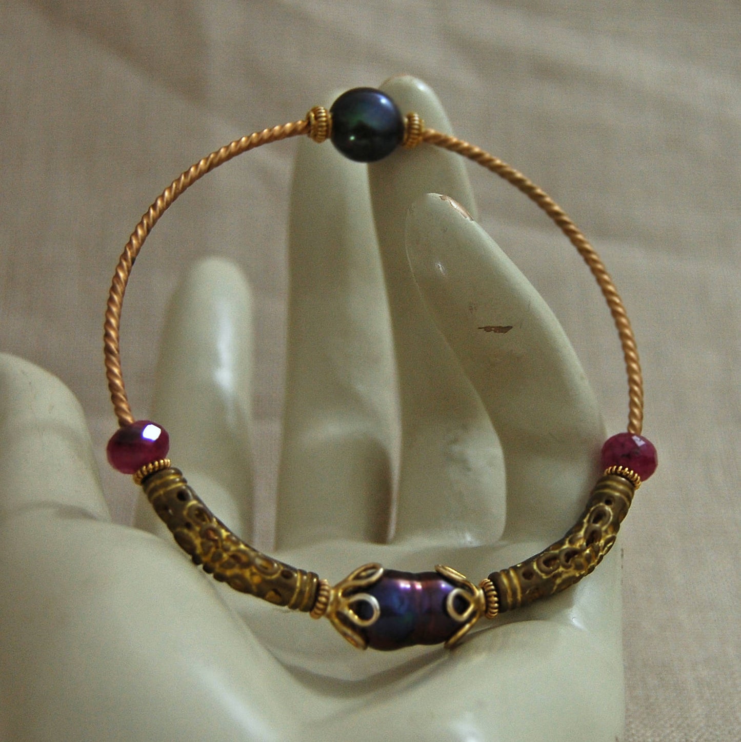 Elspeth - Vintage Pearl Sapphire Bronze Bangle, Peacock Pearls, Pink Sapphires, FREE SHIPPING US