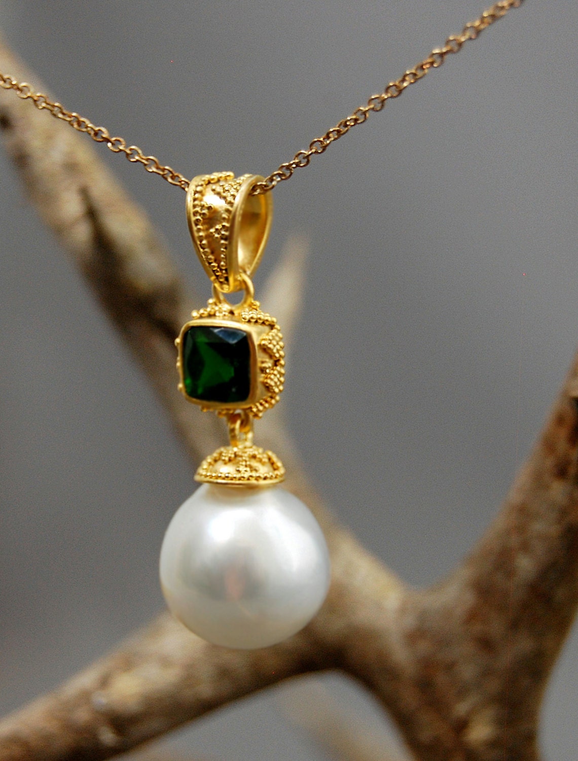 Cariana - South Sea Statement Pearl Pendant with Chrome Diopside Gemstone Accent. FREE SHIP USA