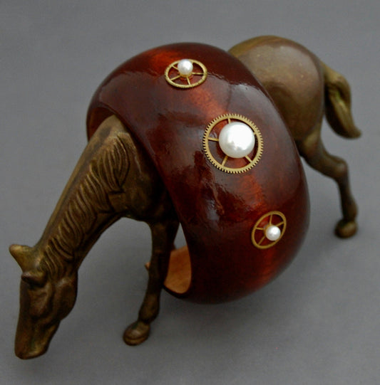 Maren - Unique Handmade Wooden Cuff Bracelet Featuring Pearl and Repurposed Watch Gear Accents, FREE SHIP US