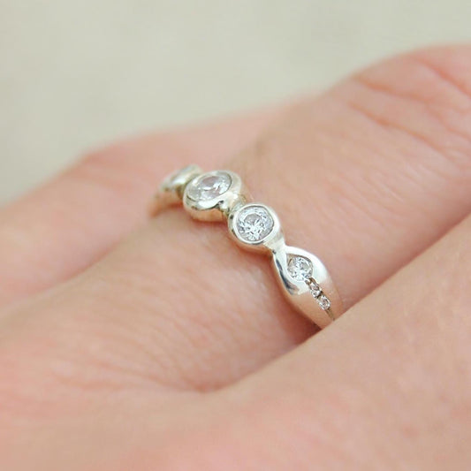 Nora - Delicately Beautiful Three Stone Engagement, Commitment or Stacking Ring with Accent CZ Side Gemstones, Set in Solid Silver.