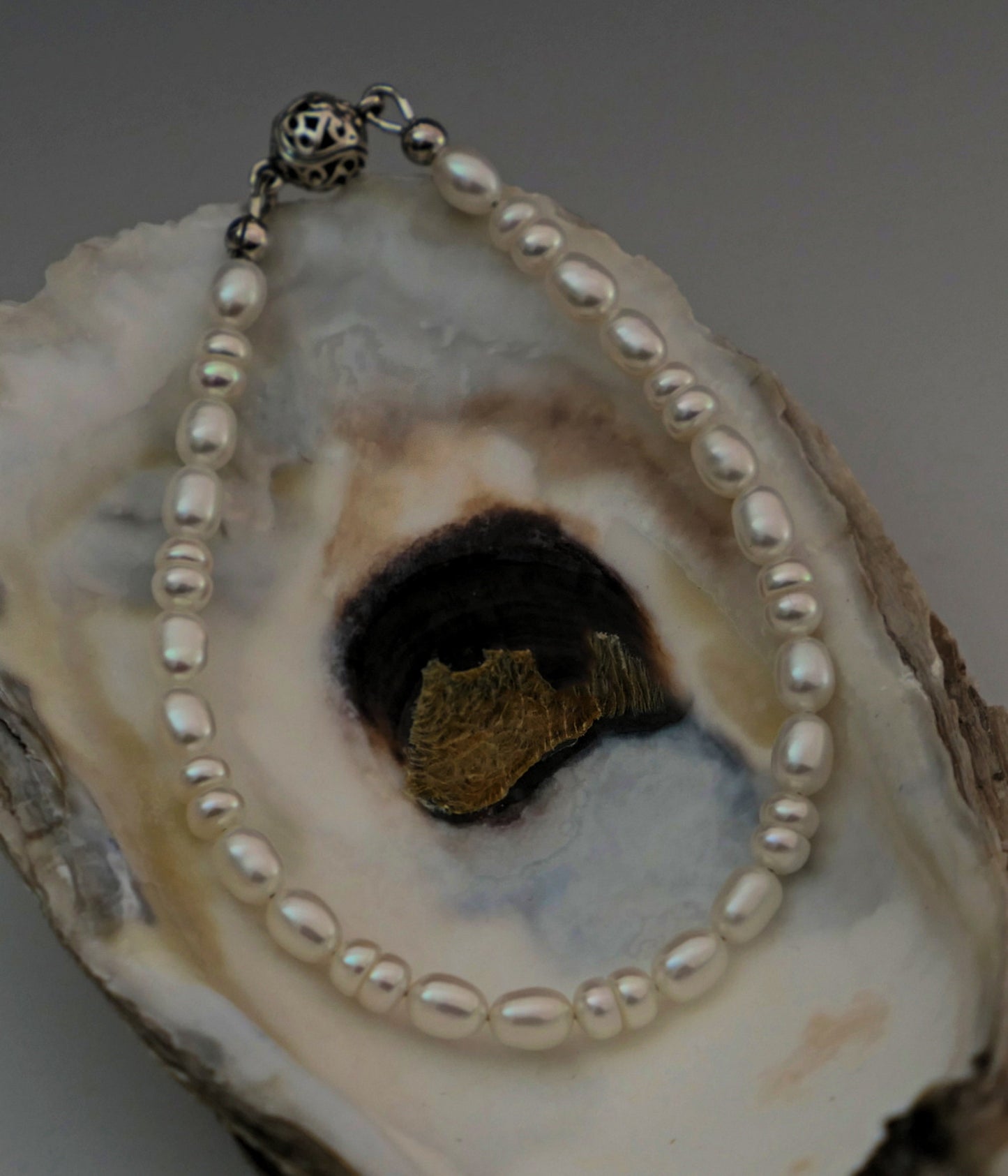 Lucy- Lovely White Freshwater Pearl Bracelet with Oxidized Sterling Silver Filigree Magnetic Clasp.