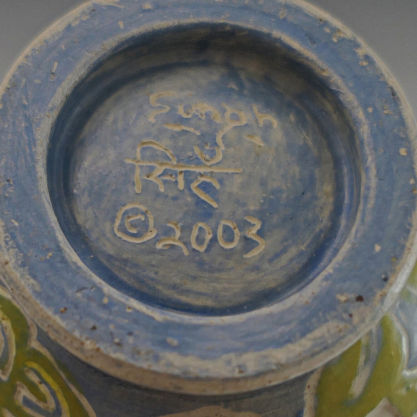 Shade Patterns - Ceramic Bowl hand carved with leaf patterns in blue and yellow.Food safe. FREE SHIPPING US.