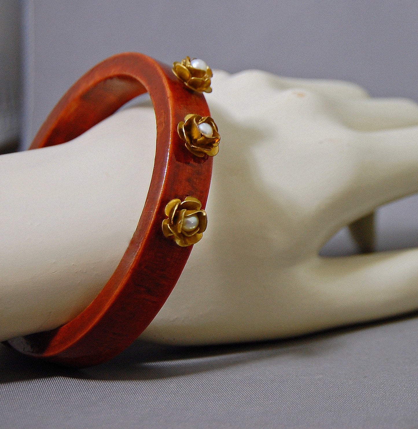 Veera - Handmade Wooden Pearl Floral Bangle, Eco-Friendly Fashion, FREE SHIP US