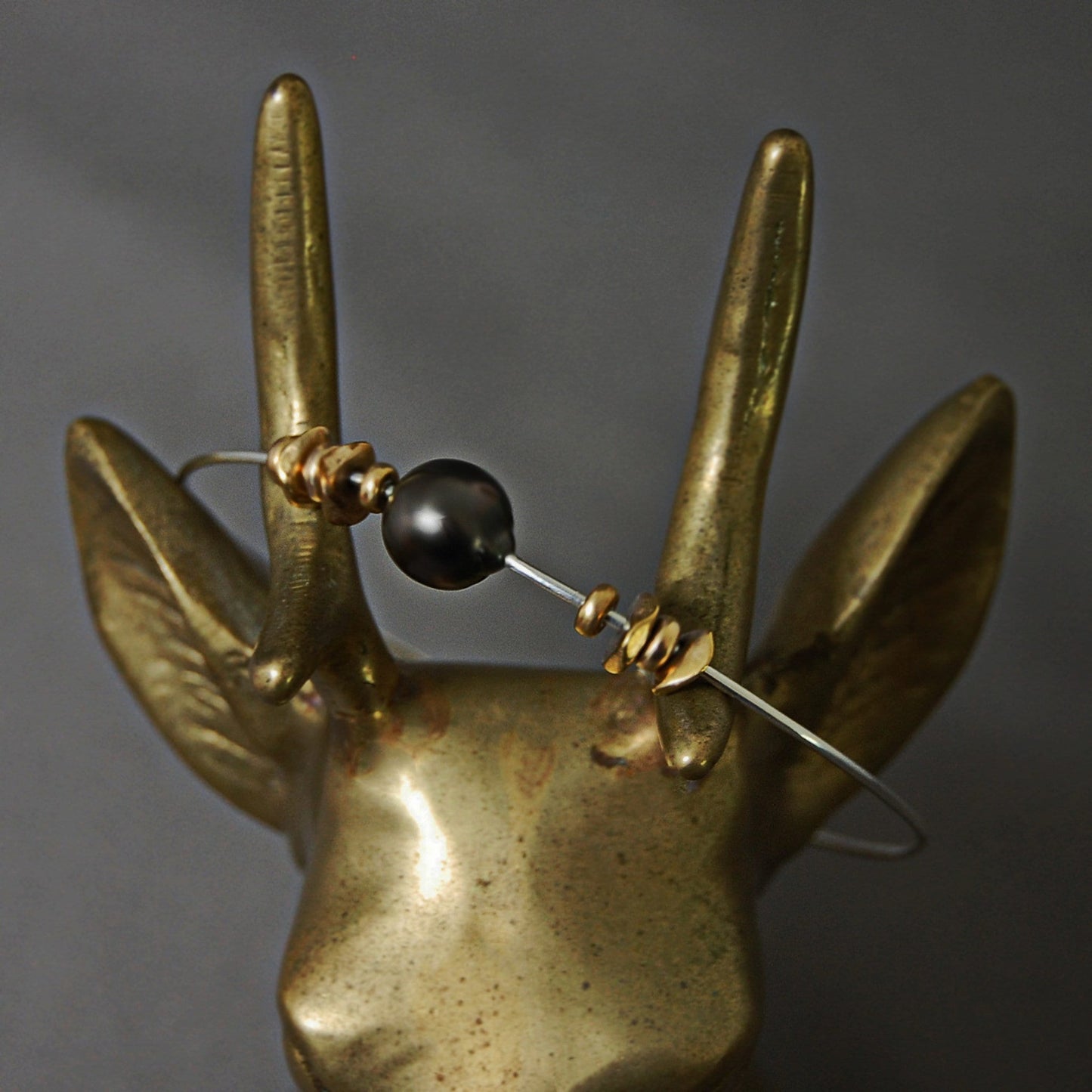 Lilith - Sterling Silver & Tahitian Pearl Bangle Bracelet with African Brass Beads. Free Shipping US.