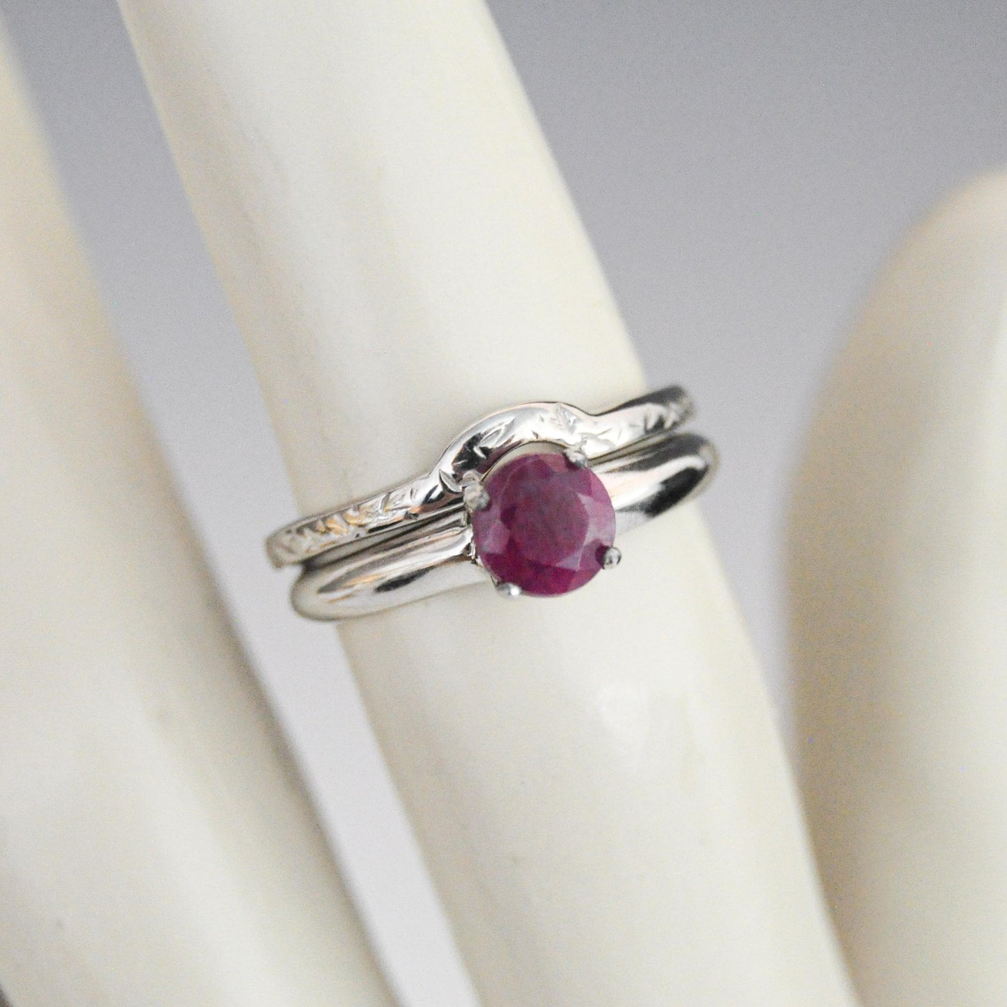 Corazon - Ruby Ring Set in Solid Argentium® Silver, Rhodium Plated for Ease of Care. Free Shipping US.