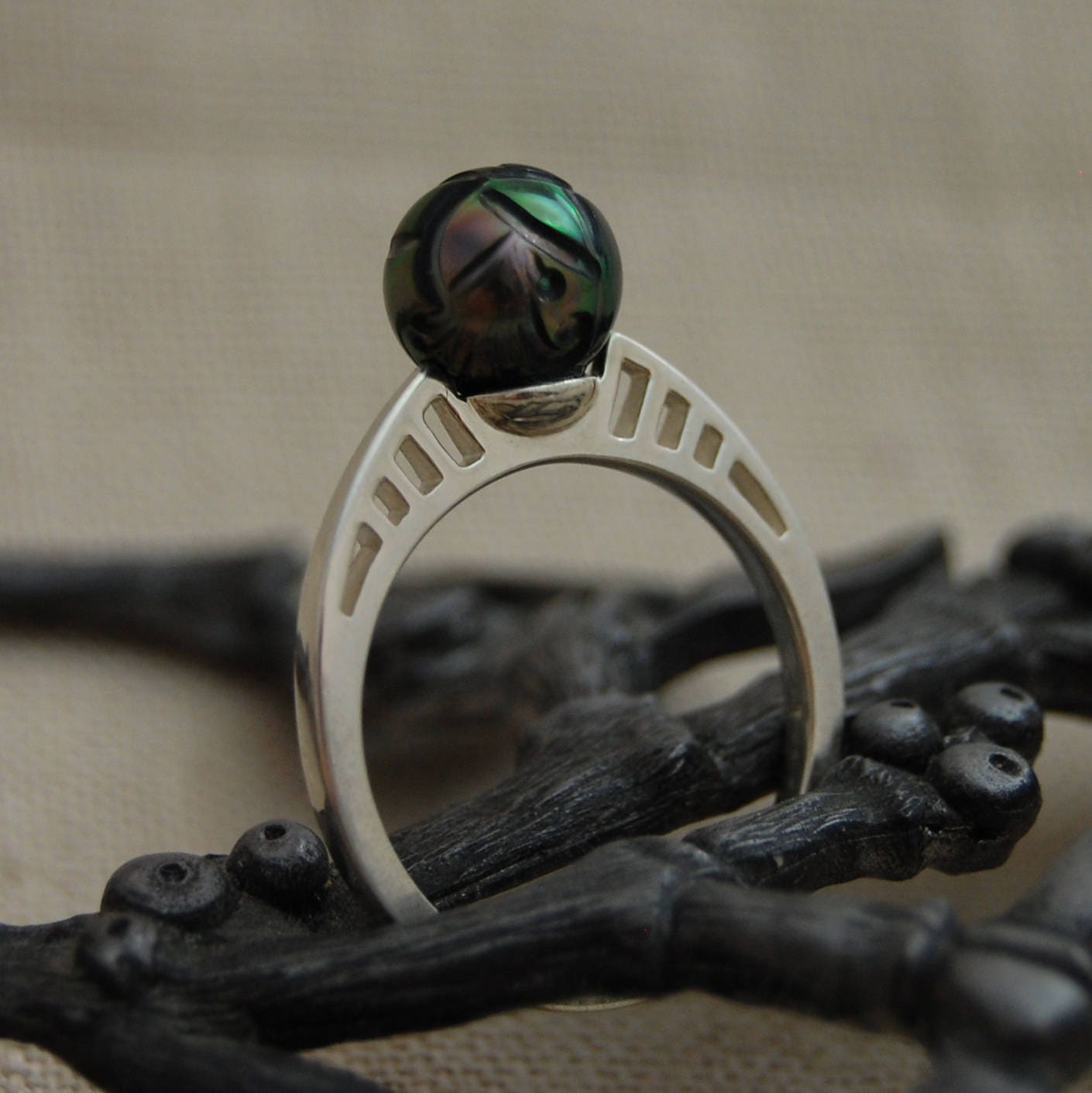 Ebony - Pearl Ring Features a Carved Tahitian Pearl, Set in Solid Sterling Silver, FREE SHIP US