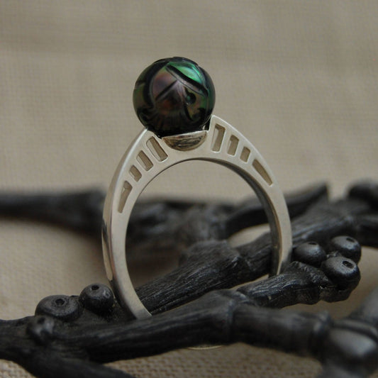 Ebony - Pearl Ring Features a Carved Tahitian Pearl, Set in Solid Sterling Silver, FREE SHIP US