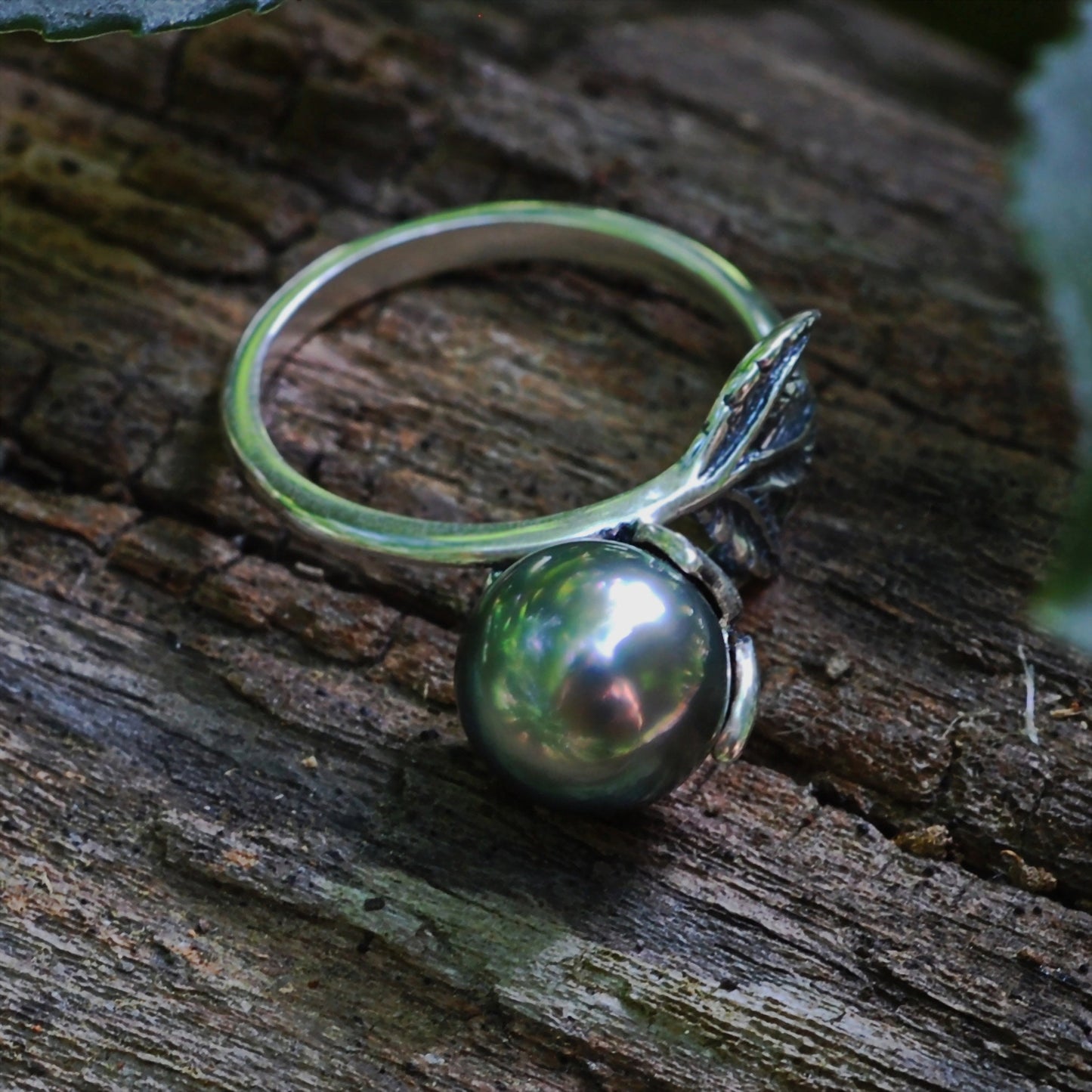 Camellia - Pearl Solitaire Ring Features a Rare Tahitian Pearl Set in Solid Sterling Silver, FREE SHIPPING US