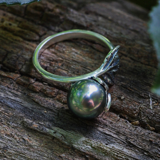 Camellia - Pearl Solitaire Ring Features a Rare Tahitian Pearl Set in Solid Sterling Silver, FREE SHIPPING US