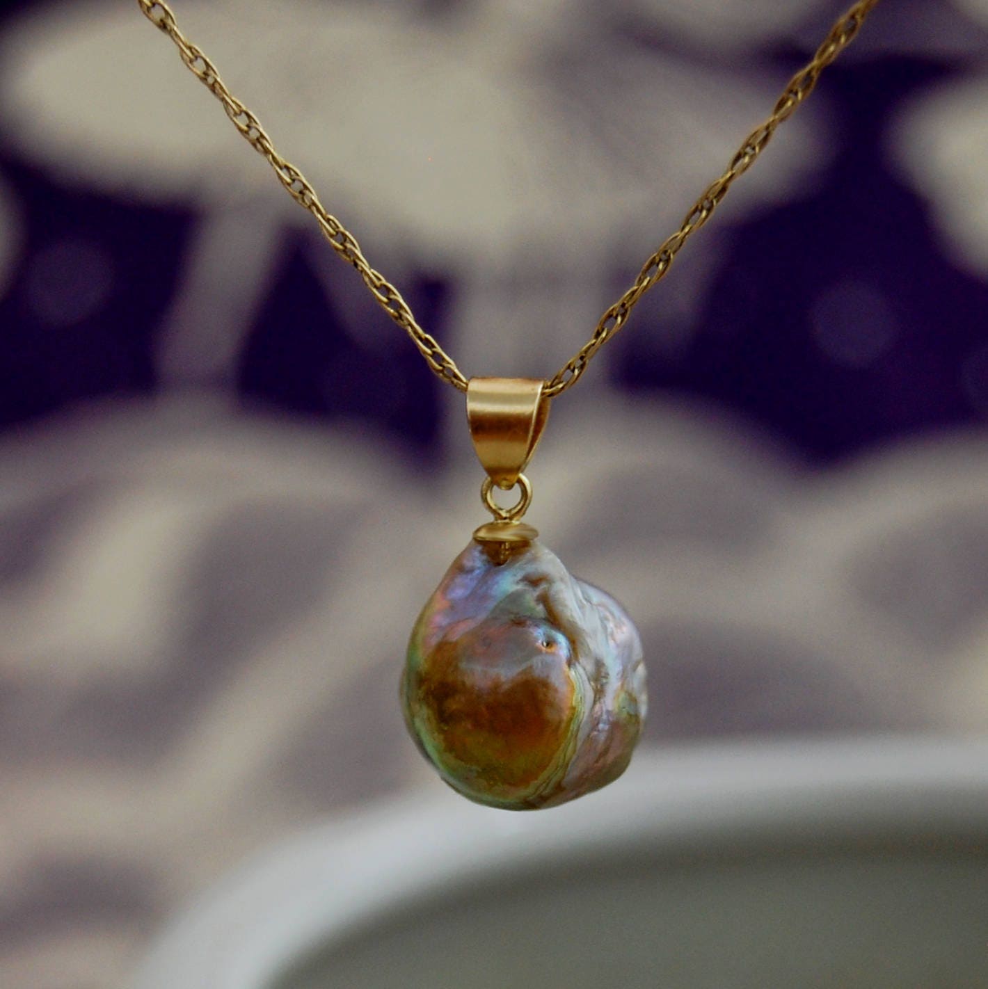 Taisa - Rainbow Pearl Pendant 14kt Gold, FREE SHIPPING US