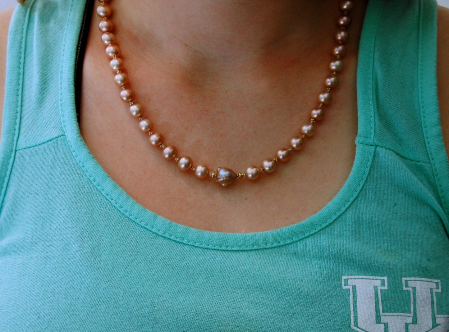 Greta - Pearl and Gold Matinee Necklace Handmade - Gift Wrapping Included. FREE SHIPPING US.