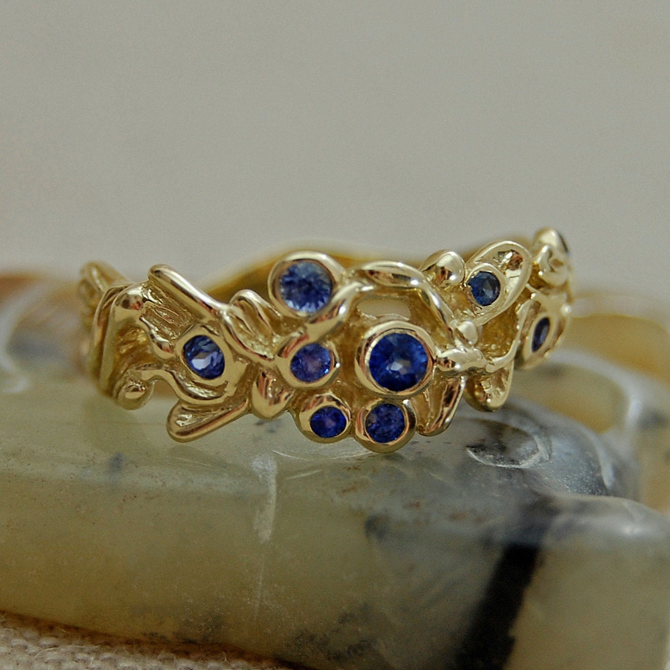 Alyssa - Blue Sapphire Ring Set in 14kt Solid Gold with a Floral Motif. SHOP EXCLUSIVE. Free Shipping US.