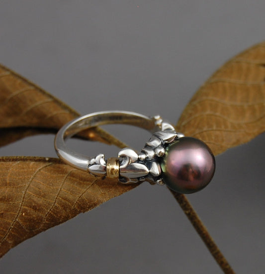 Desiree - Tahitian Pearl Ring, Fleur de Lis Ring, Rare pearl ring. FREE SHIP US