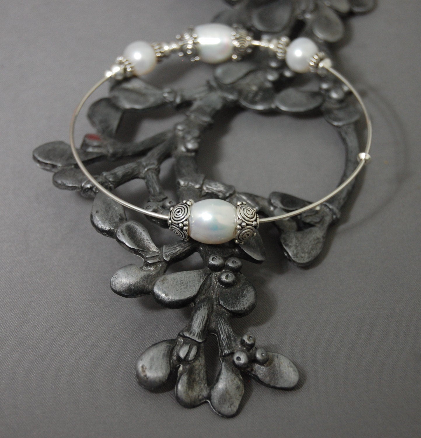 Maria - White Freshwater Pearl Wedding Bangle, Argentium® Silver, FREE SHIP US