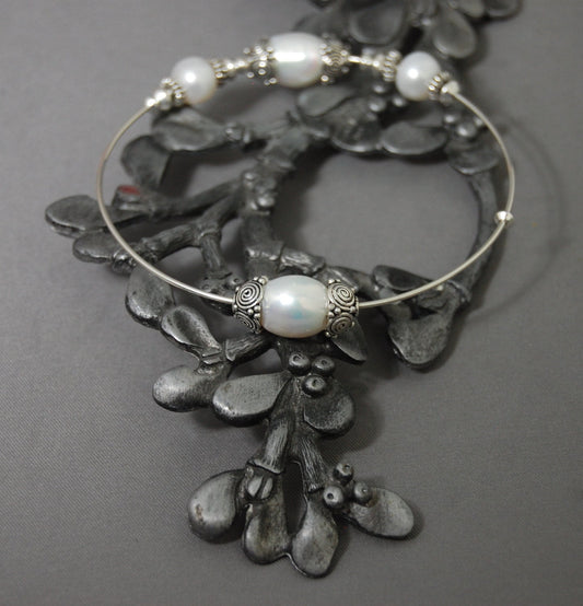 Maria - White Freshwater Pearl Wedding Bangle, Argentium® Silver, FREE SHIP US