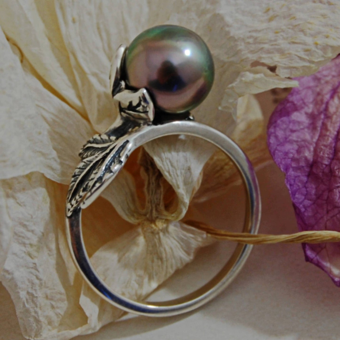 Camellia - Pearl Solitaire Ring Features a Rare Tahitian Pearl Set in Solid Sterling Silver, FREE SHIPPING US