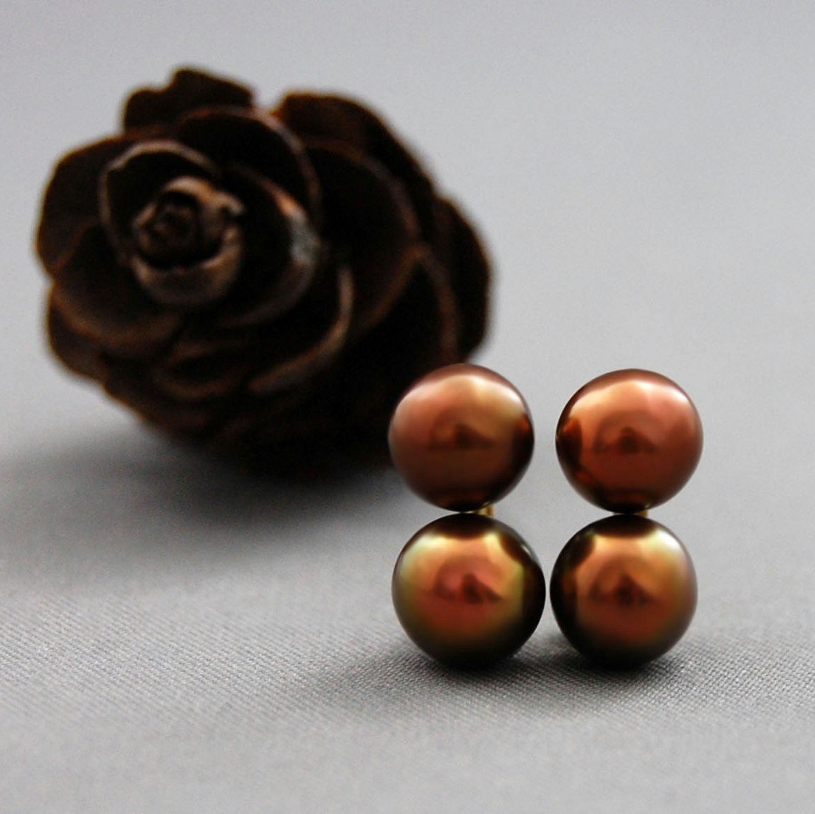 Maya - Pearl Stud Earrings Feature Double Chocolate Peacock Freshwater Pearls Set in Solid 14k Yellow Gold. FREE SHIPING US.