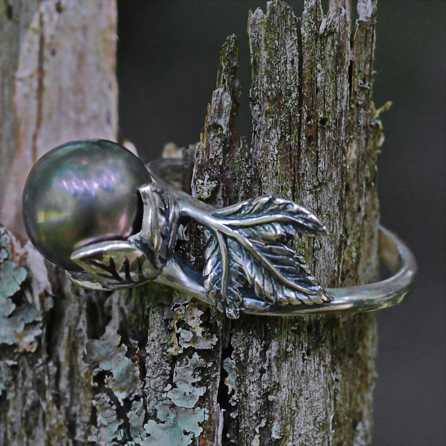 Camellia - Pearl Solitaire Ring Features a Rare Tahitian Pearl Set in Solid Sterling Silver, FREE SHIPPING US