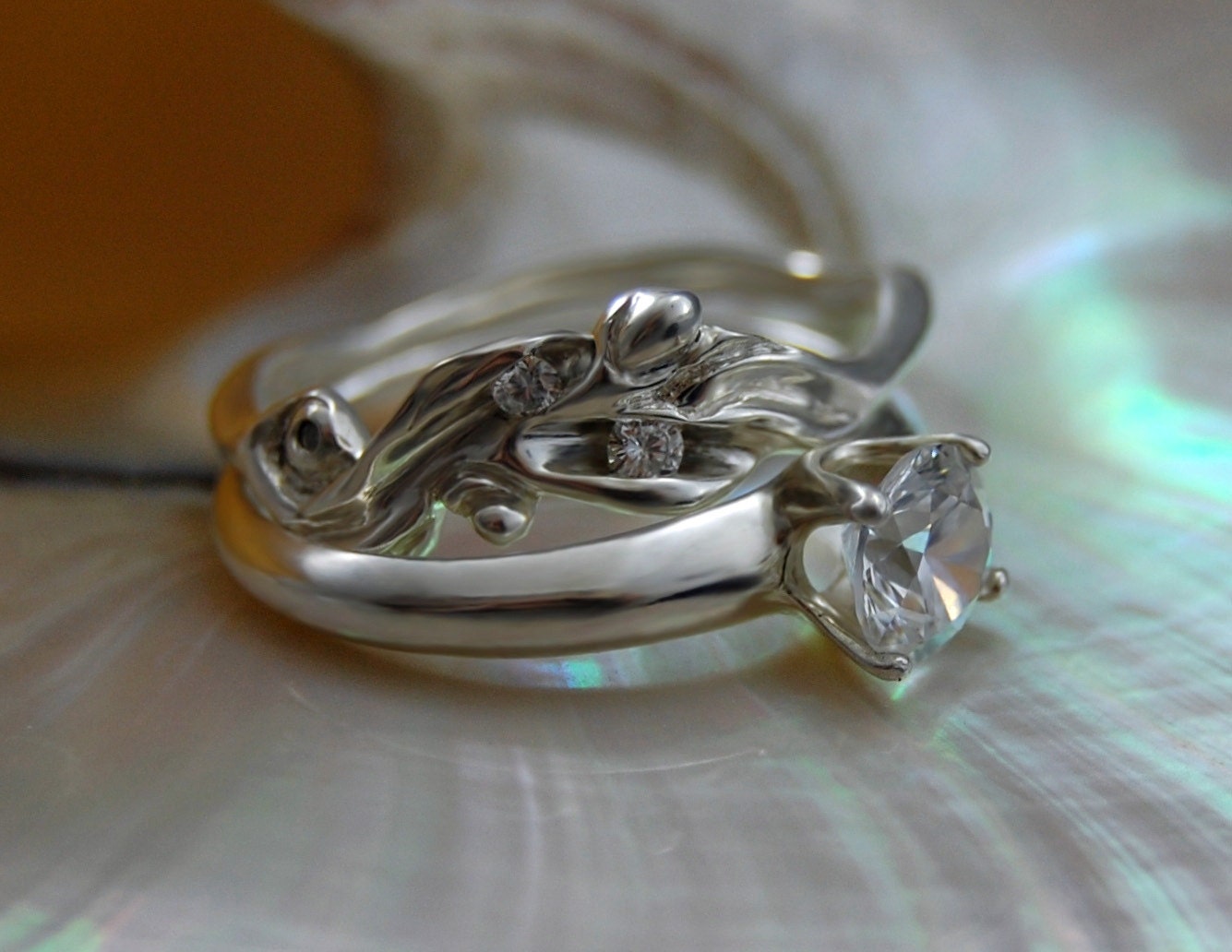 Aiyana Marie - One of a Kind Wedding Ring, Recycled Sterling Silver with Gemstones, Conflict Free Diamonds, FREE SHIP US