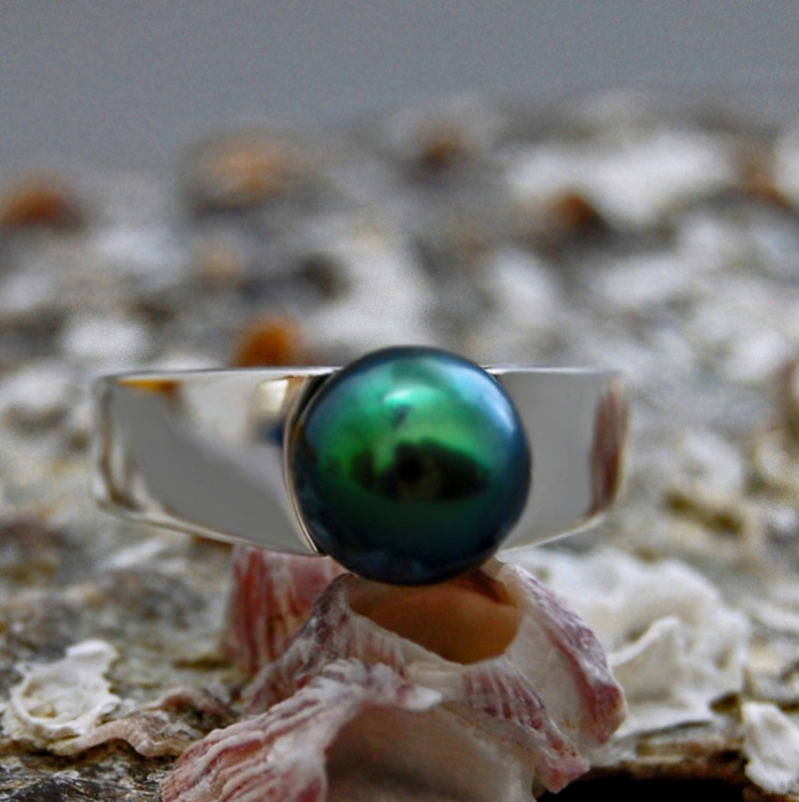 Marla - Tahitian Pearl Ring Set in Solid Sterling Silver Rhodium Plated for Ease of Care. FREE SHIP US.