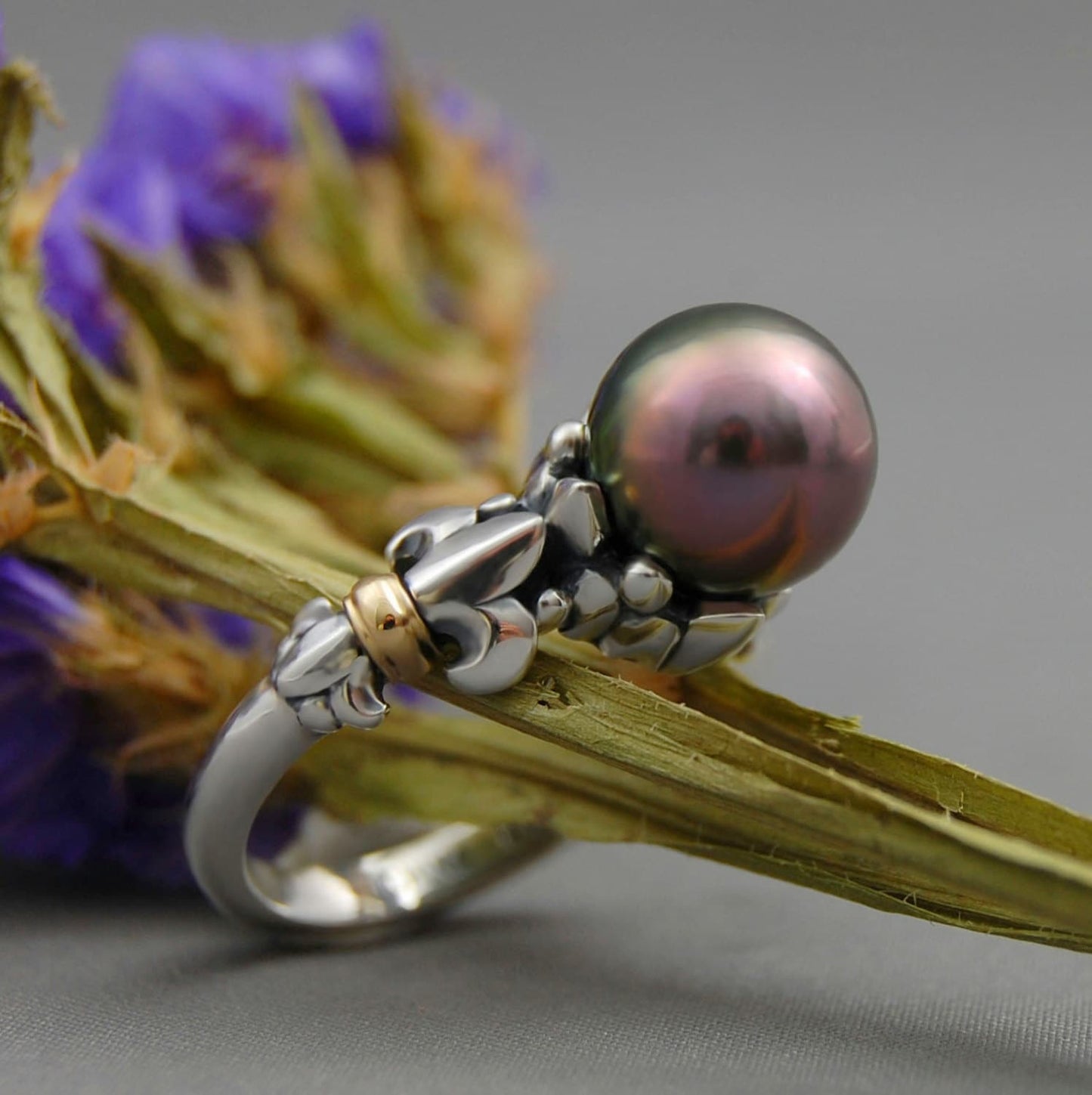Desiree - Tahitian Pearl Ring, Fleur de Lis Ring, Rare pearl ring. FREE SHIP US
