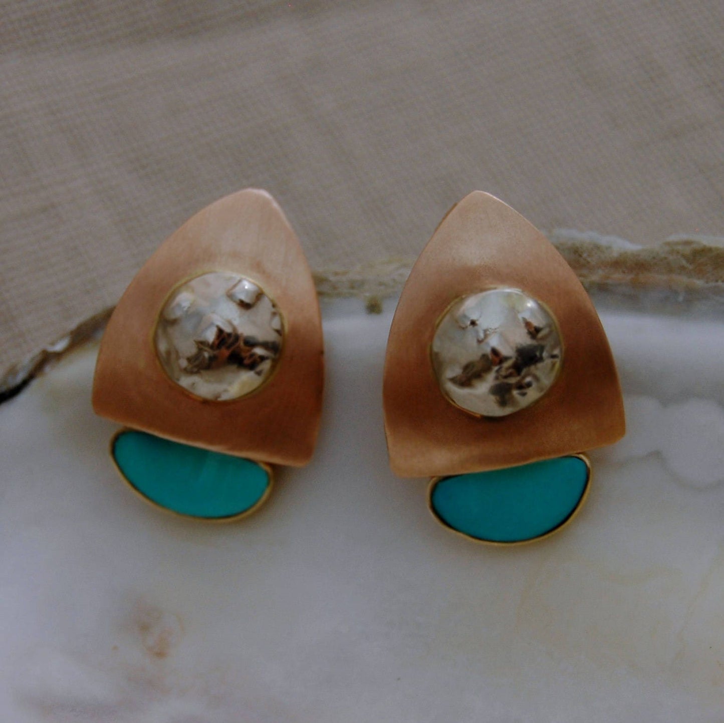 Dawn Jumps Up - Handmade Modernist Stud Earrings, Rose / Yellow / White Gold, Turquoise Gemstones