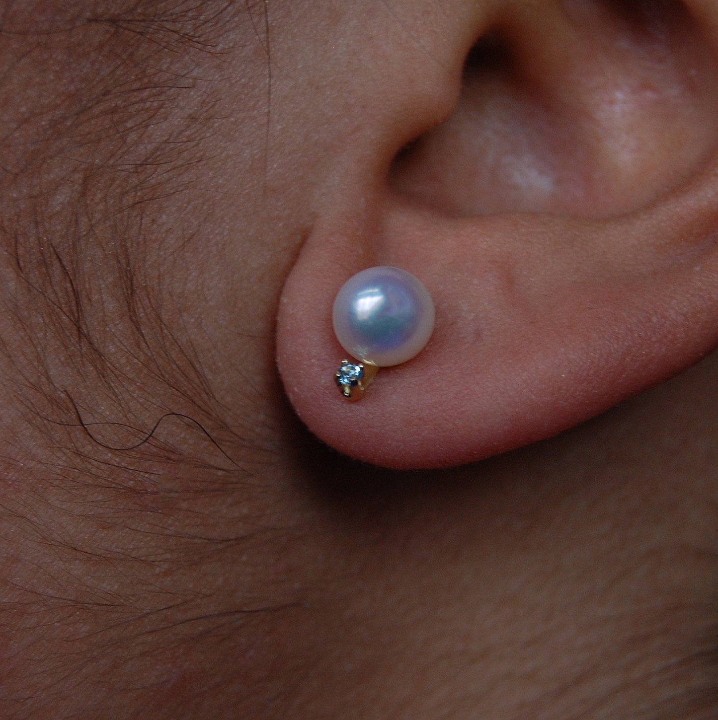 Neiva - Unique Freshwater Pearl Stud Earrings with Aquamarine Accents Set in Solid 14kt Gold, FREE SHIPPING US