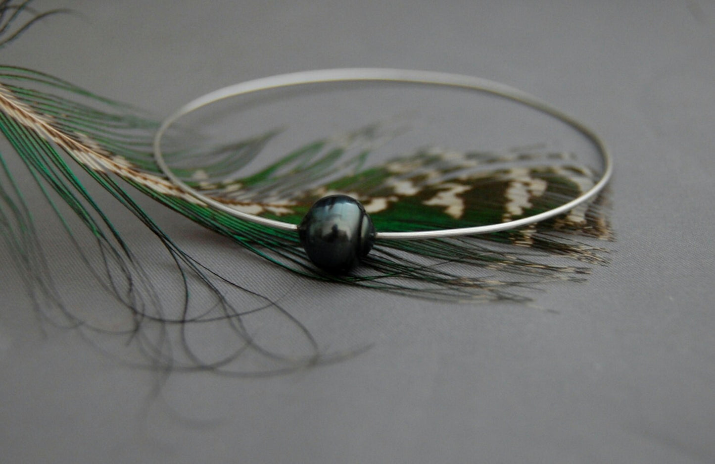 Elle - Pearl Bangle Features a Black Tahitian Pearl and Sterling Silver, FREE SHIPPING US