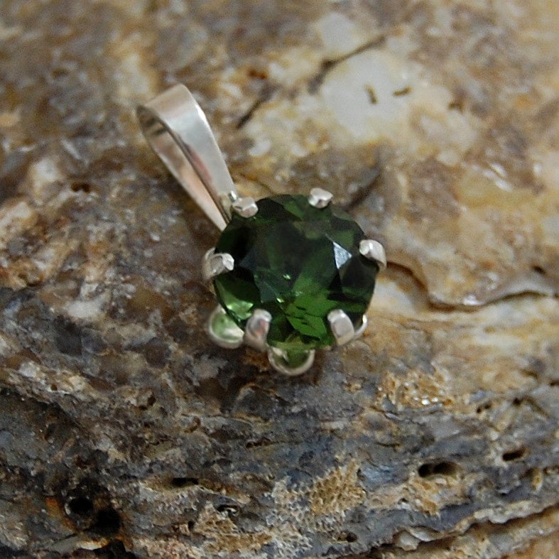 Petra - Green Genuine Moldavite Gemstone Pendant Set in Solid Sterling Silver, Rhodium Plated for Easy Care. FREE SHIPPING US.