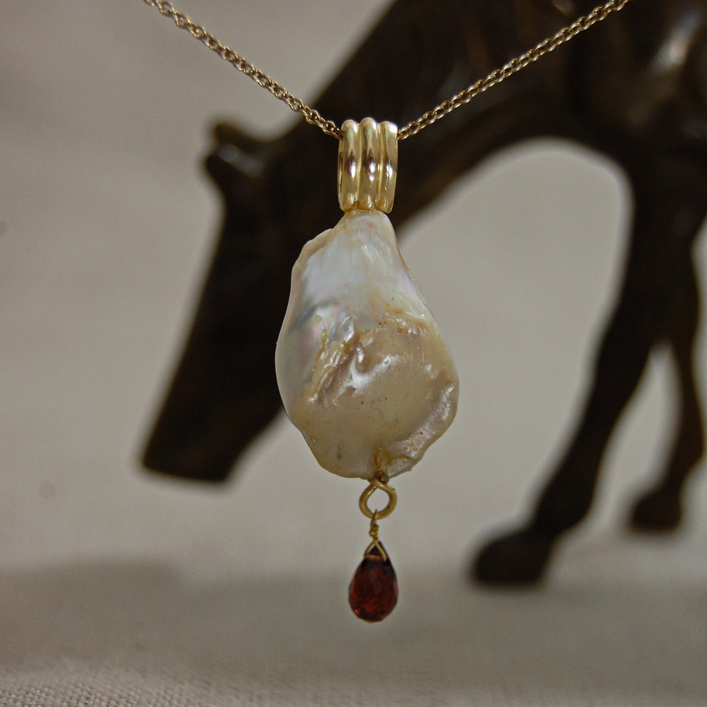 Avalon - 14k Gold Pearl Pendant Necklace with Garnet Accent. FREE SHIPPING US