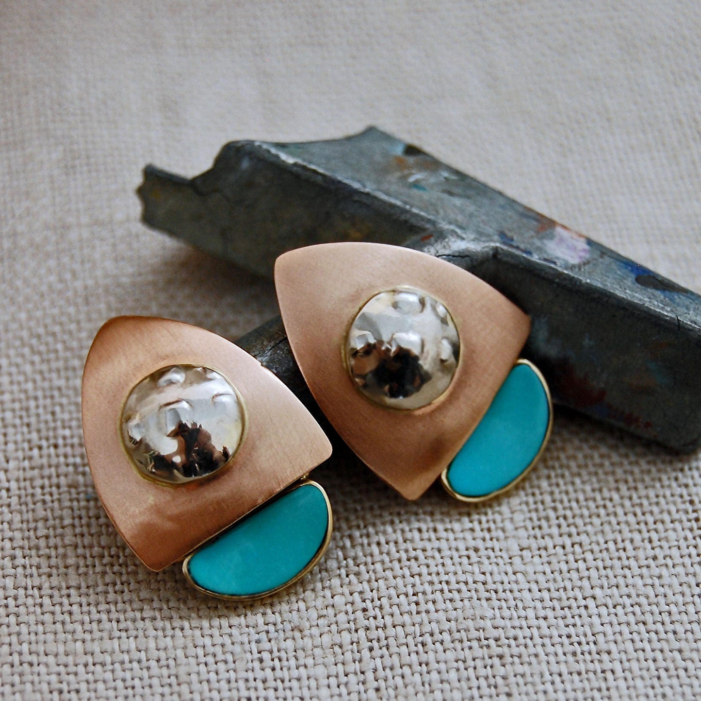 Dawn Jumps Up - Handmade Modernist Stud Earrings, Rose / Yellow / White Gold, Turquoise Gemstones
