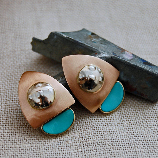 Dawn Jumps Up - Handmade Modernist Stud Earrings, Rose / Yellow / White Gold, Turquoise Gemstones