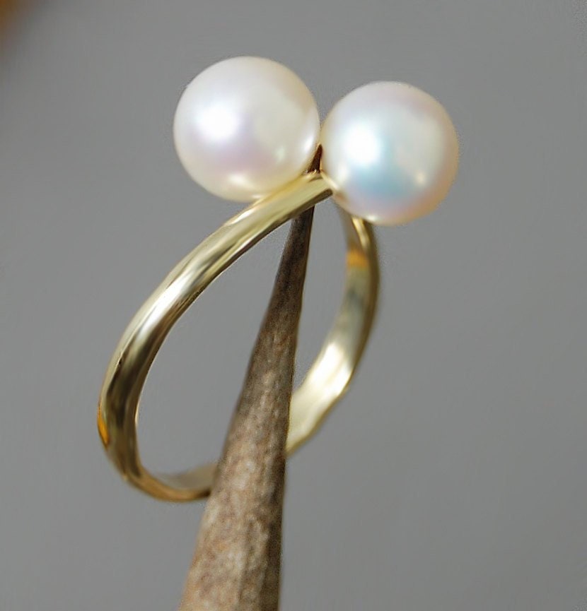 Luce - Pearl Ring Features Double Freshwater Pearls Set in 14kt gold, FREE SHIPPING US