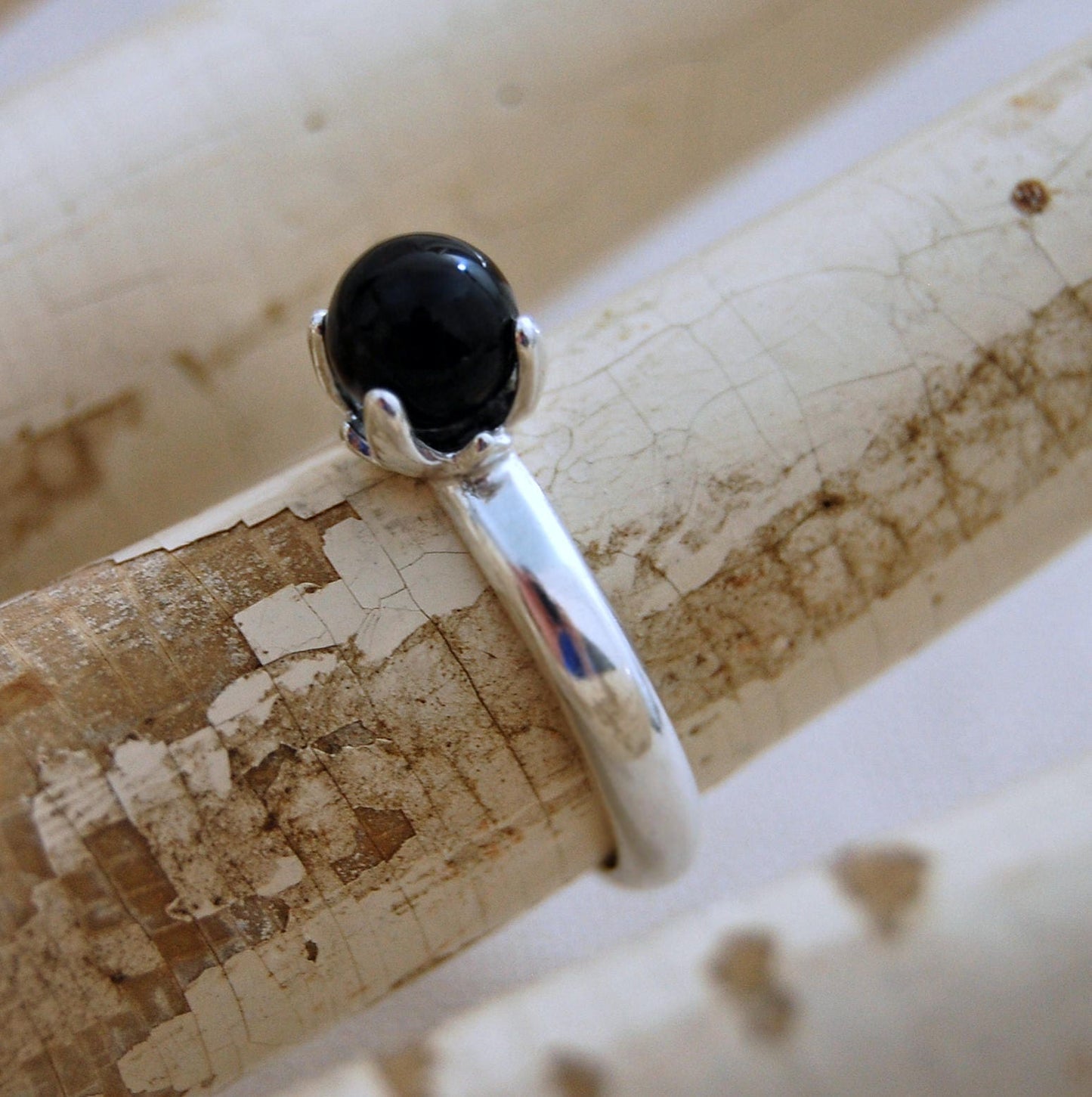 Asima - Black Onyx Ring Set in a Solid Easy Care Argentium® Silver Flower Setting. Solitaire Ring, Stacking Ring, Friendship Ring.