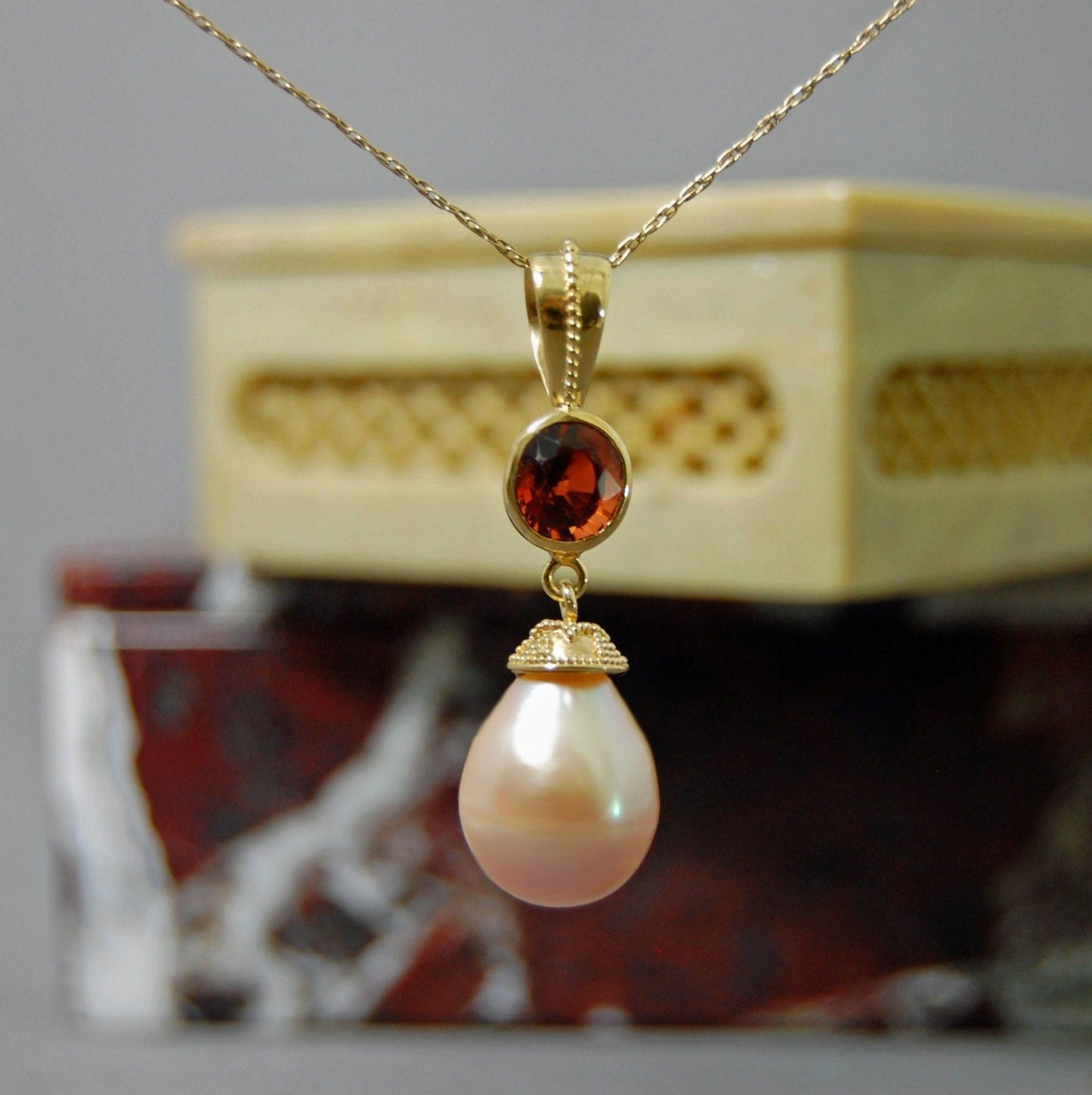 Padma - Large Freshwater Pearl Pendant with Garnet Gemstone Accent, FREE Shipping within the US