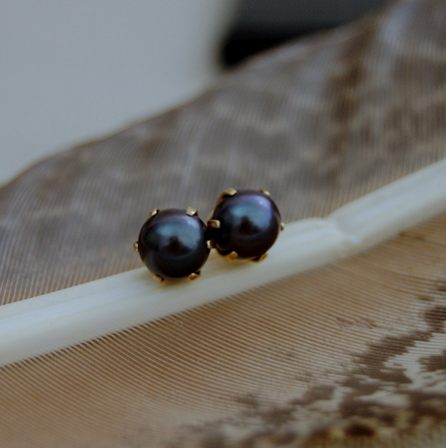 Rajani - Black Pearl Stud Earrings, Dainty, Solid 14k Yellow Gold. FREE SHIPPING US