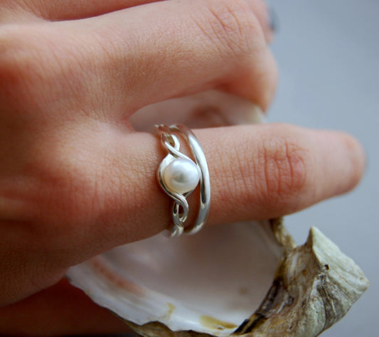 Alexa - White Pearl Engagement Ring, Stacking Ring, FREE SHIP US