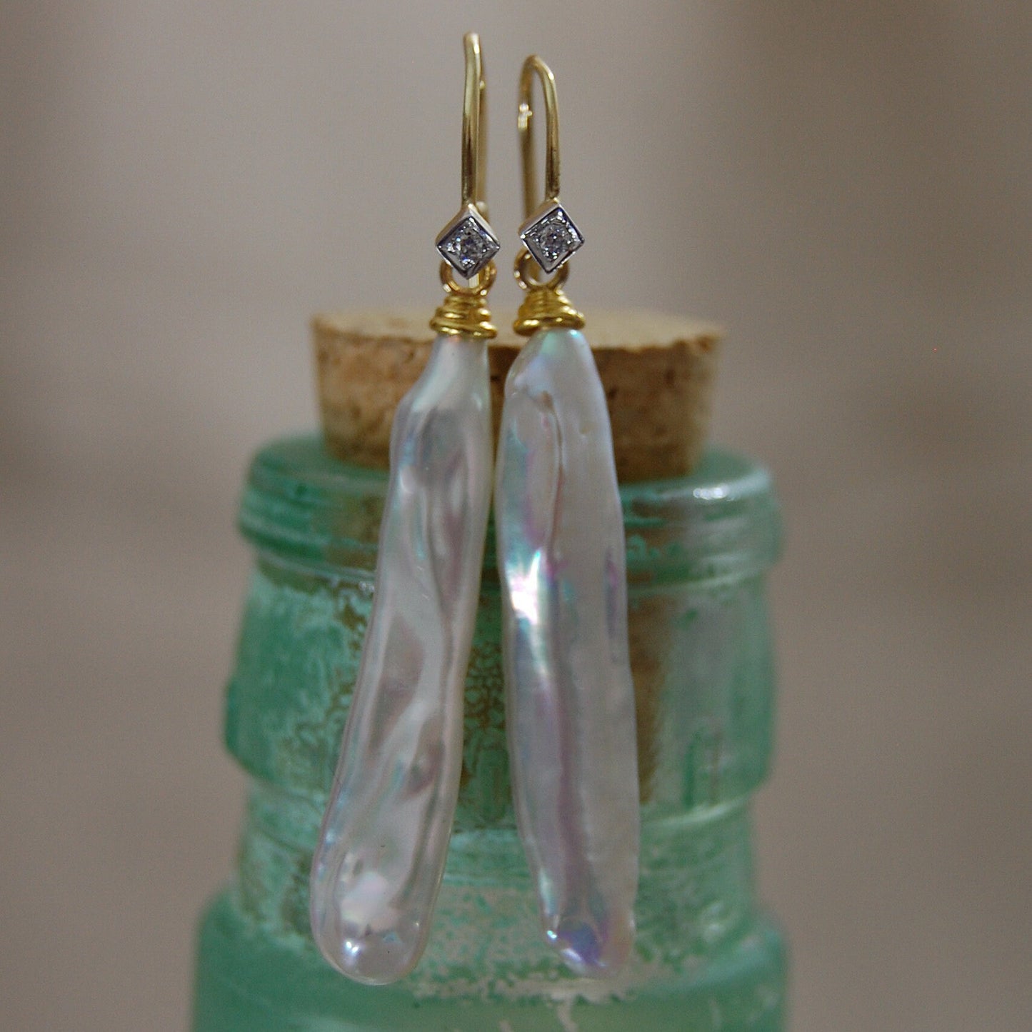 Lusca - Pearl Stick Drop Bridal Earrings Solid 14k Gold Diamond Accents FREE SHIPPING US