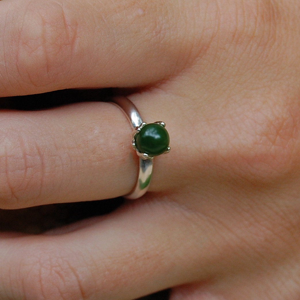 Allena - Solitaire Ring; Nephrite Jade; Dark Green Jade; Argentium® Sterling Silver