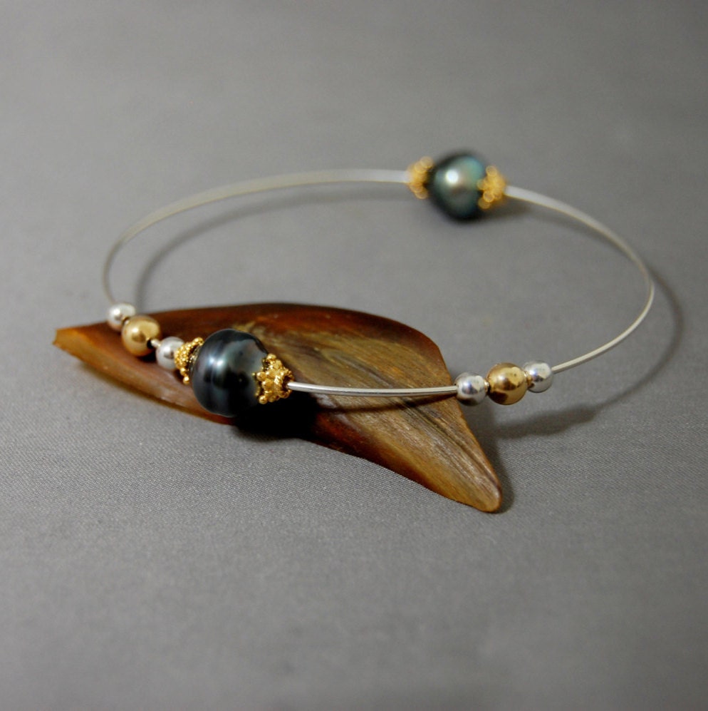 Titania - Tahitian Pearl Stacking Bracelet, Sterling Silver and Gold, FREE SHIP US