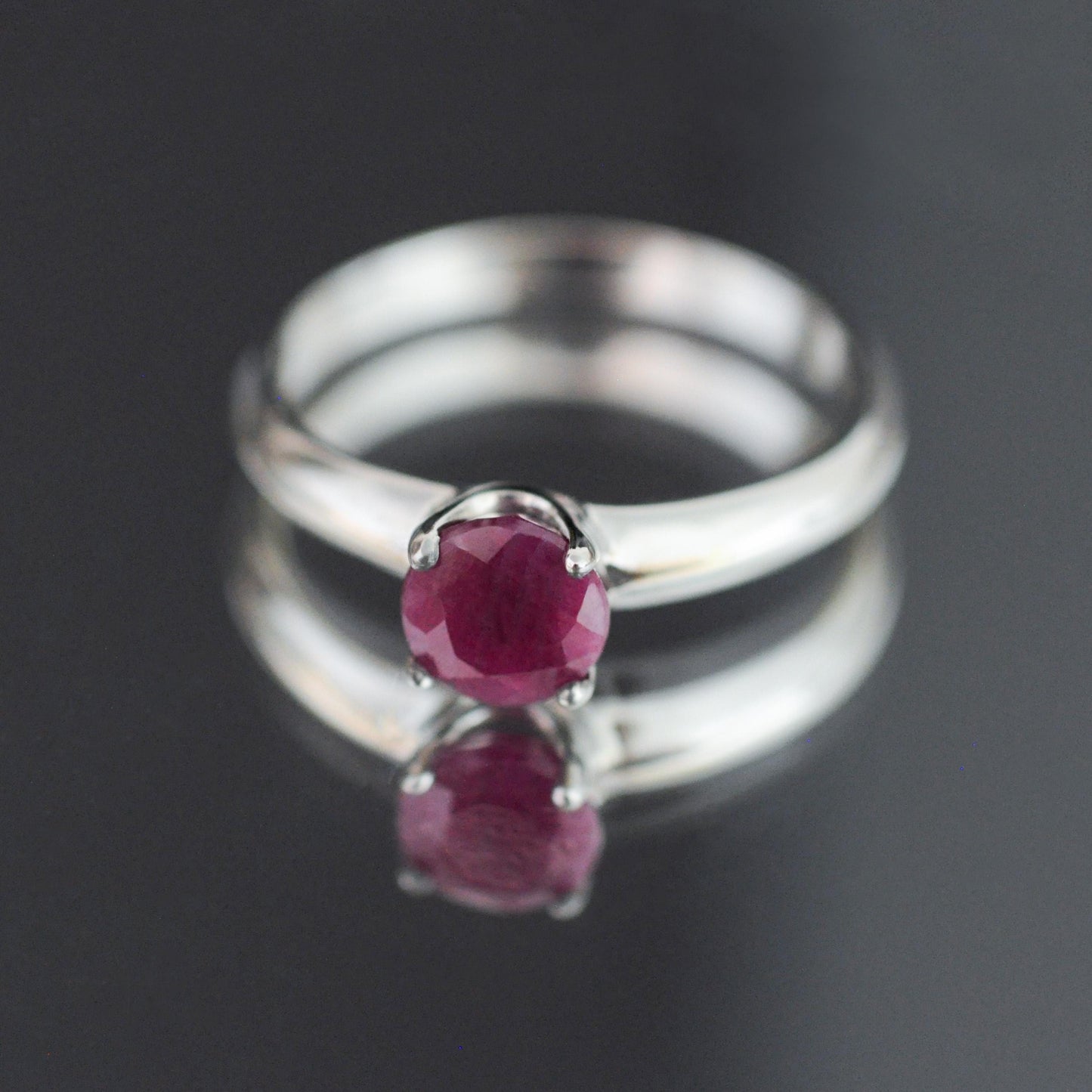 Corazon - Ruby Ring Set in Solid Argentium® Silver, Rhodium Plated for Ease of Care. Free Shipping US.