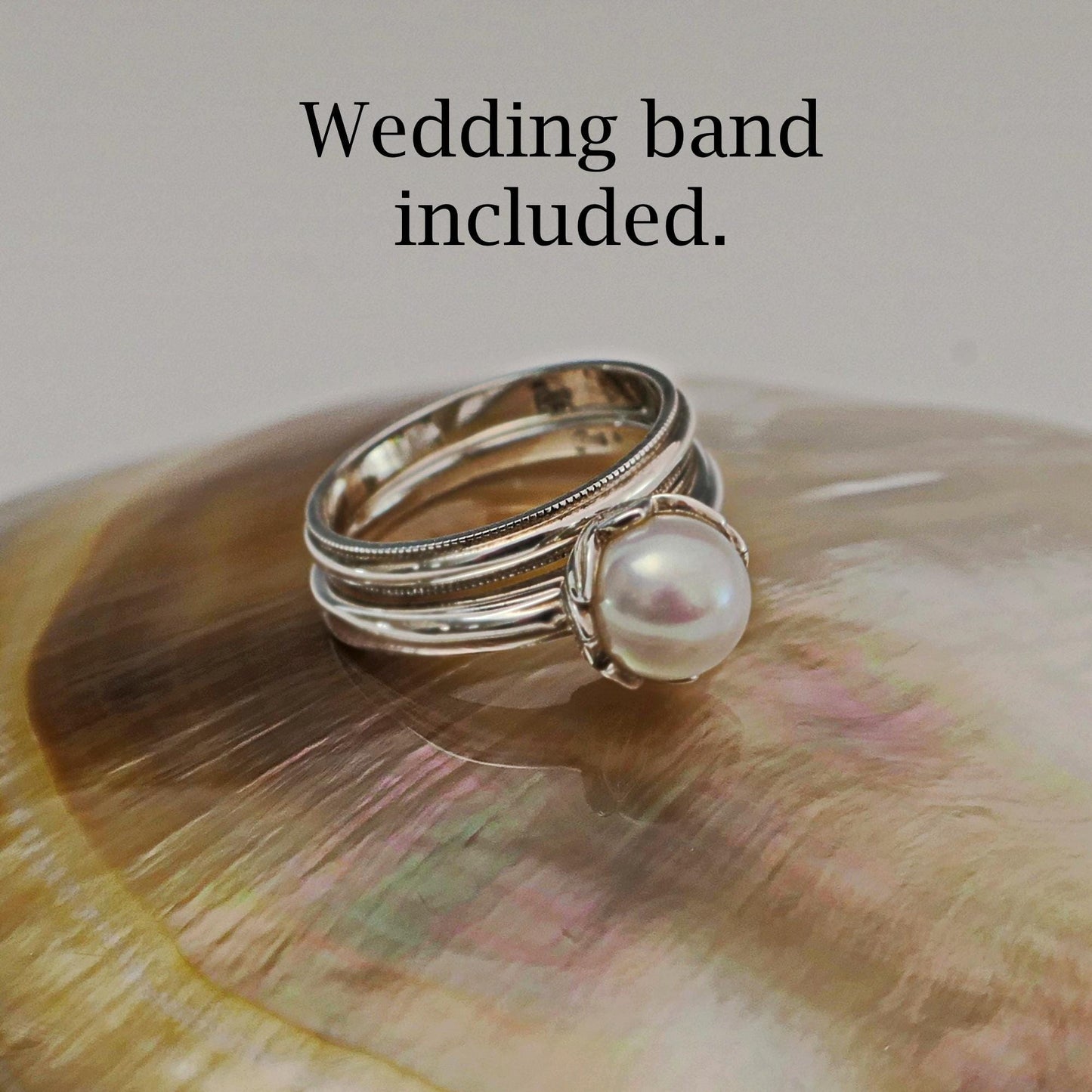 Emma - Pearl Wedding Ring Set in Solid Continuum® Sterling Silver. Free Shipping US.