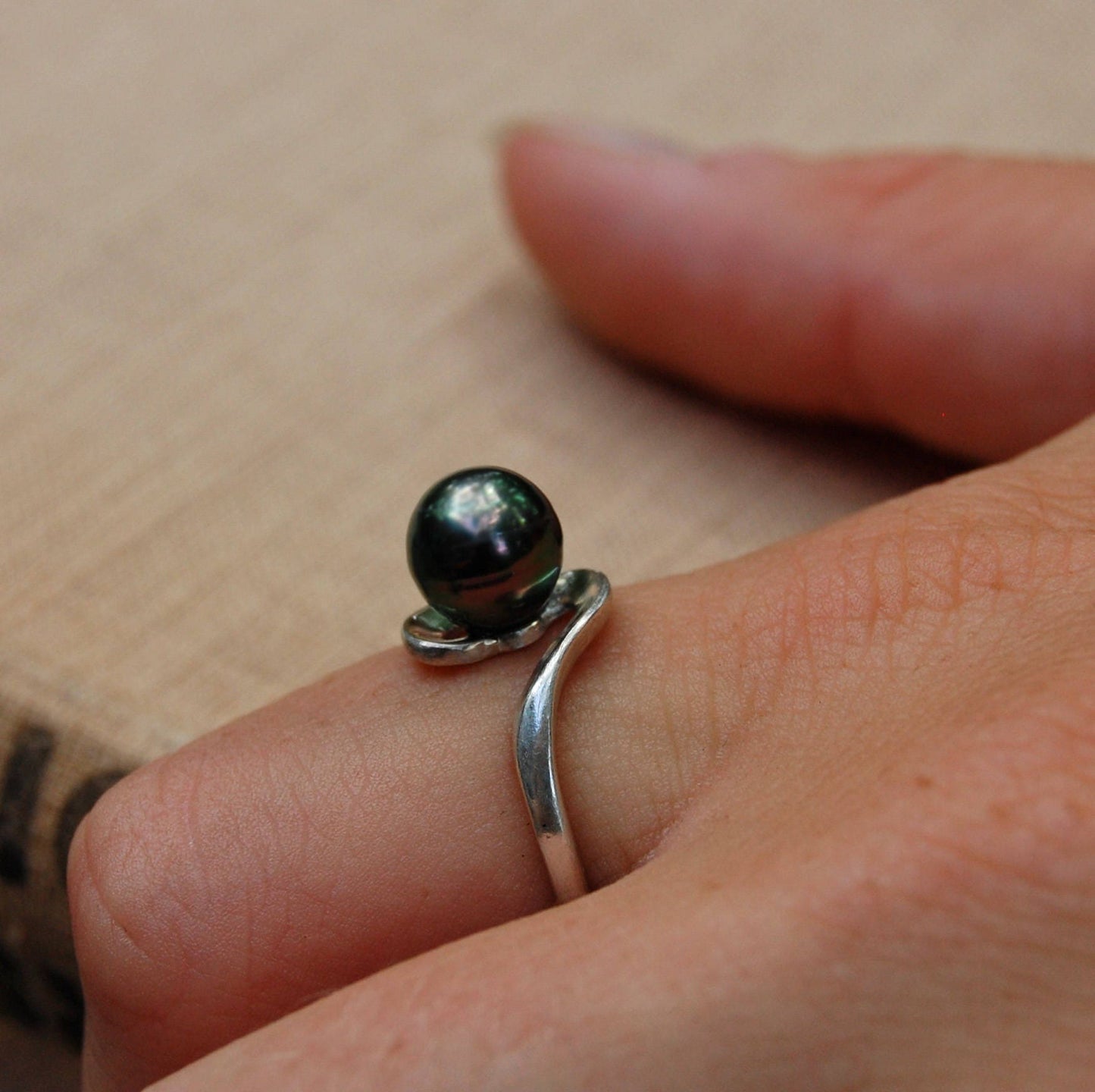 Delphine - Pearl Ring Features a Black Tahitian Pearl Set in Sterling Silver, FREE SHIP US