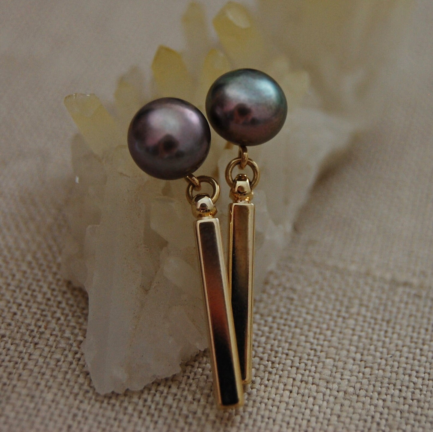 Azaria - Gold Bar Dangle Pearl Stud Earrings, Handmade, FREE SHIPPING US