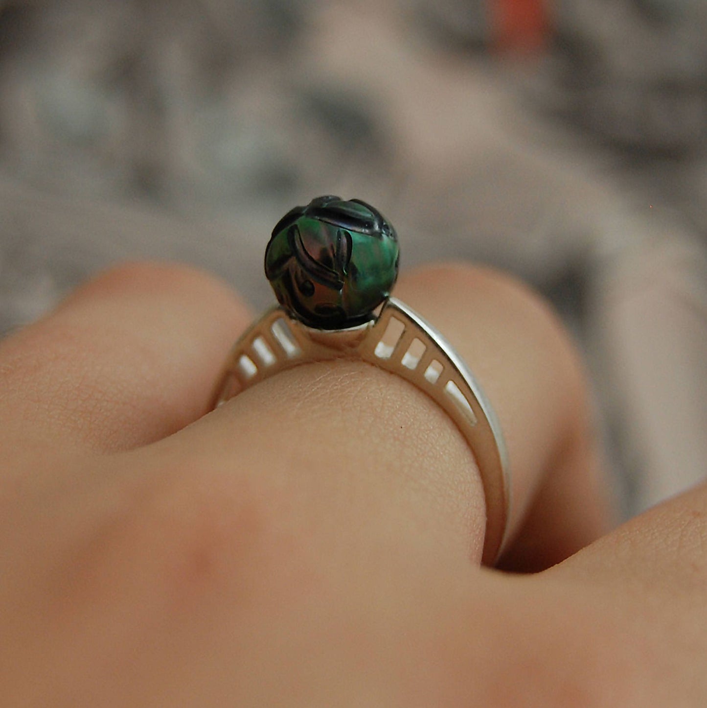 Ebony - Pearl Ring Features a Carved Tahitian Pearl, Set in Solid Sterling Silver, FREE SHIP US