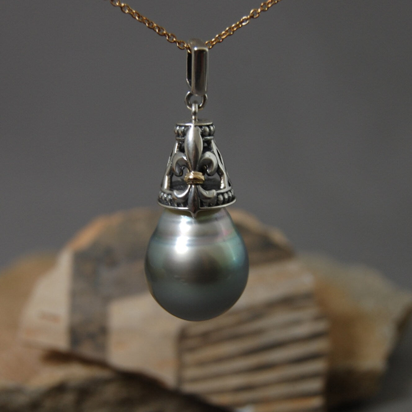 Margaux - Silver Tahitian Pearl Fleur de Lis Pendant, 14kt Gold Accents, Sterling Silver, FREE SHIP US